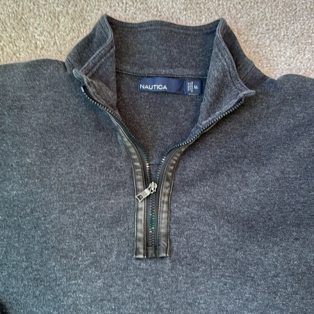 Nautica Mens 1/4 Zip Sweatshirt Elbow Patches Cotton Charcoal Grey Size XL